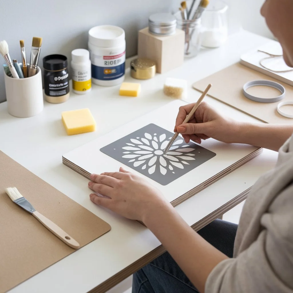 Beginner crafting with flower stencils, brushes, and paints for DIY projects.