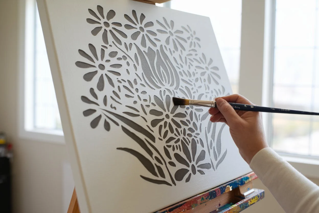 Beginner-friendly flower stencil designs on canvas featuring simple floral patterns.