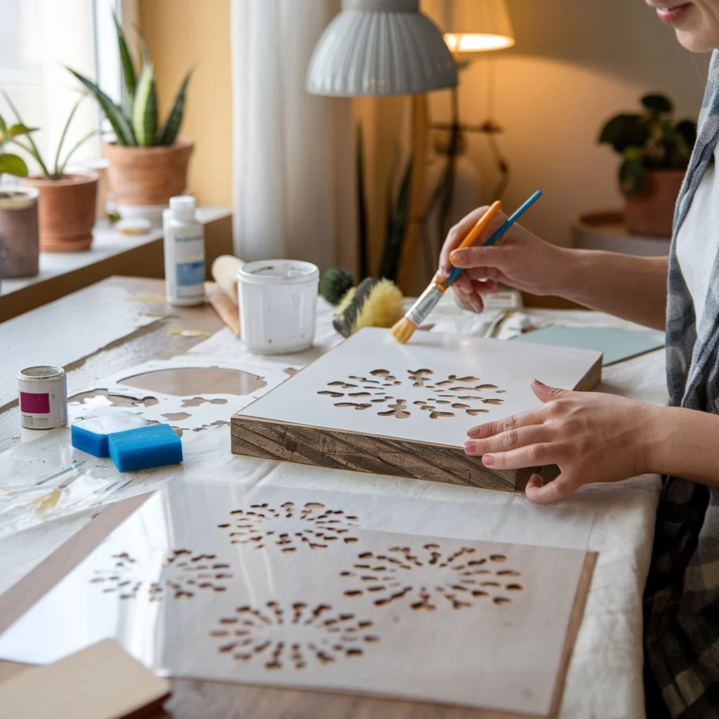 Beginner crafting with flower stencils, brushes, and paints for DIY projects.