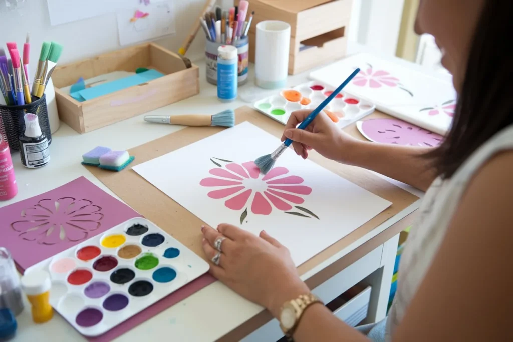 Beginner stenciling a beautiful flower design on canvas with flower stencils and paint tools.