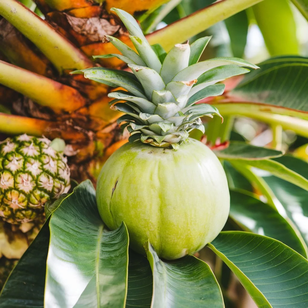 Close-up of a ripe pineapple guava hanging on a tree with green leaves in a sunlit tropical garden, showcasing its smooth green skin and ripeness