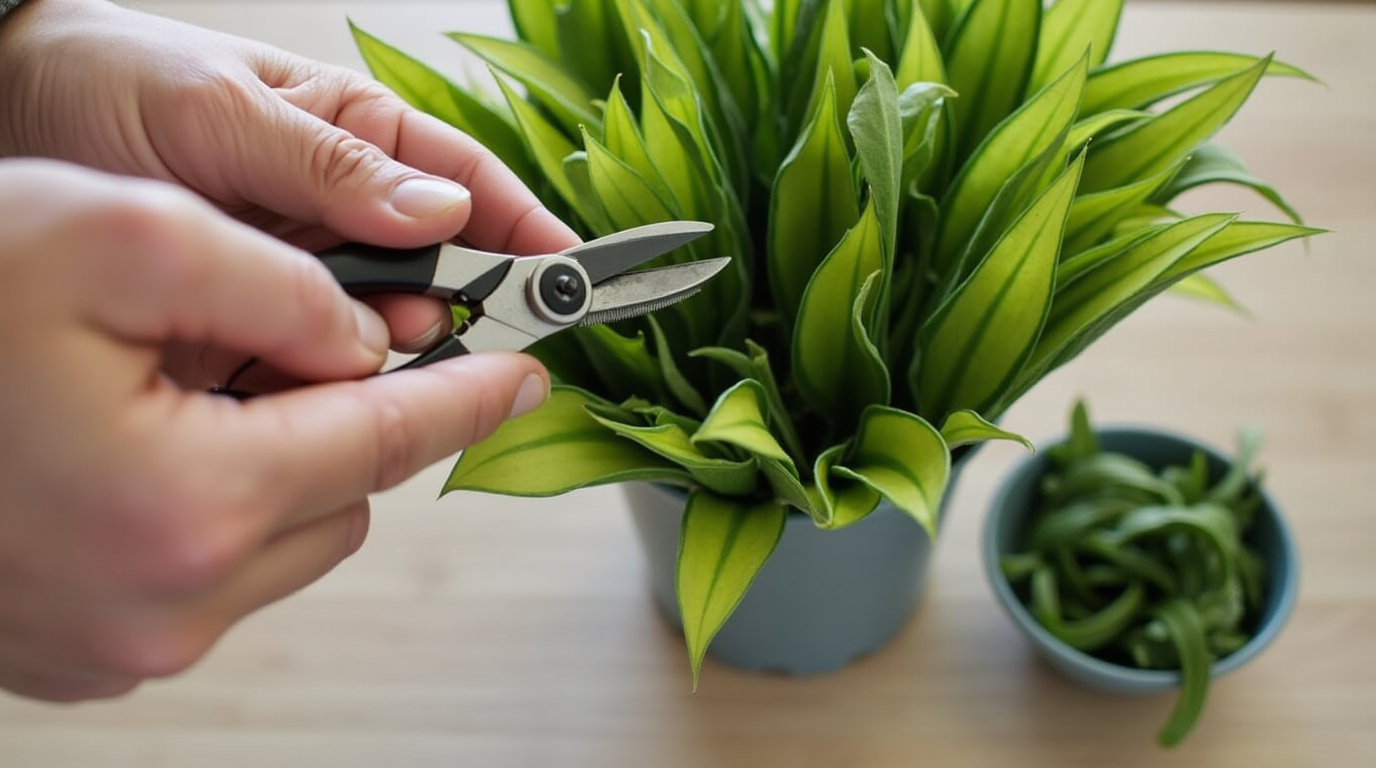 Hands pruning a wandering jew plant with shears, emphasizing healthy regrowth techniques.