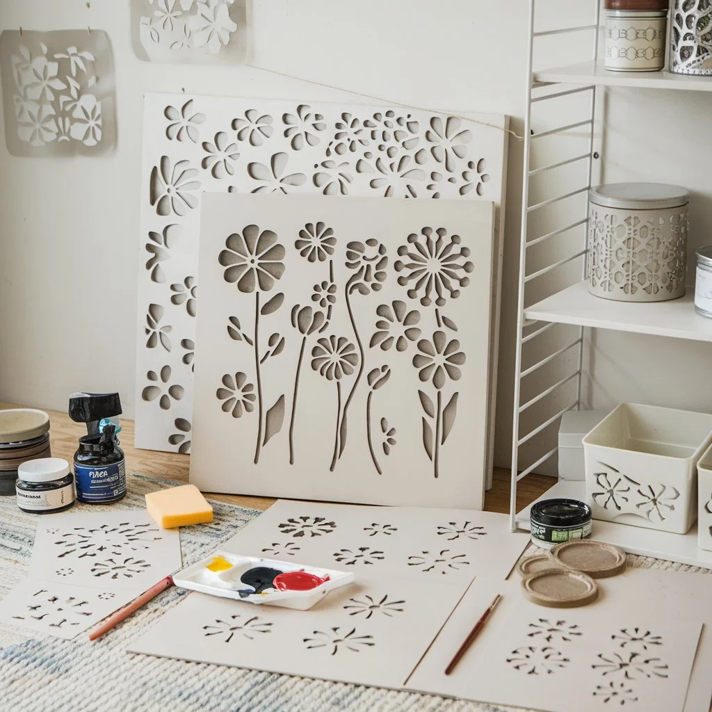 Essential stenciling tools for DIY flower stenciling projects.