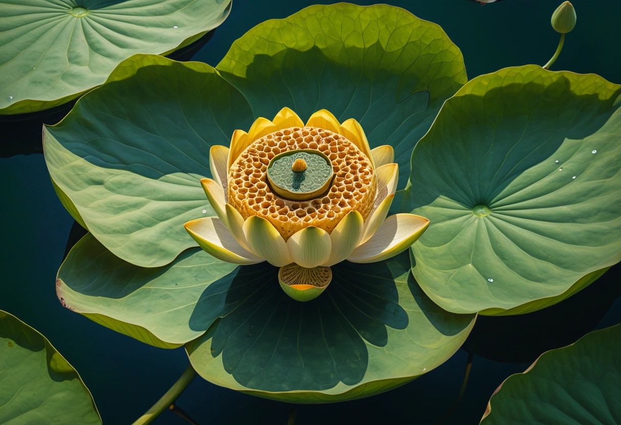 Detailed view of a lotus flower pod floating on water, showcasing its unique honeycomb structure and seeds.