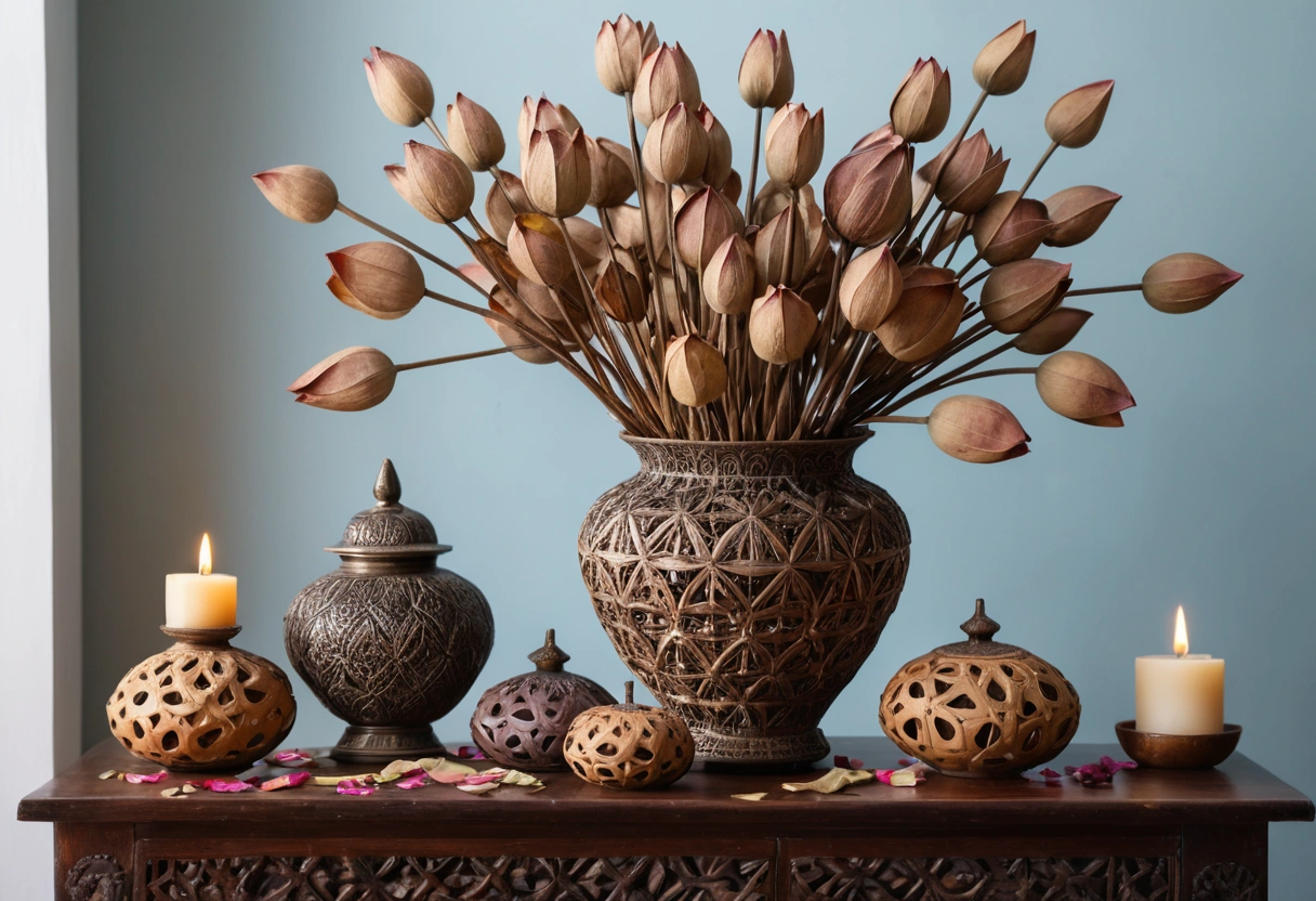 Dried lotus flower pods displayed in a vase with surrounding spiritual symbols like incense and candles.