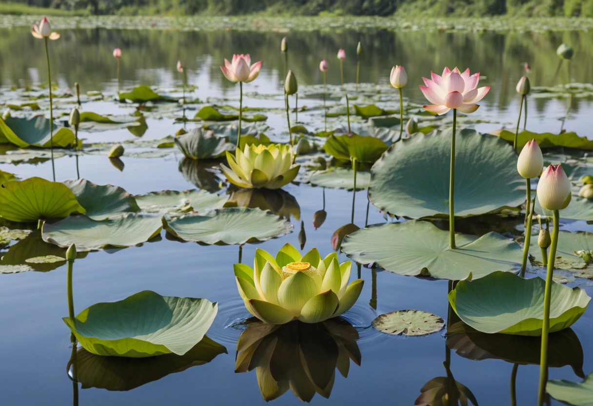 A collection of lotus flower pods in various stages, floating on water with cultural symbols in the background.