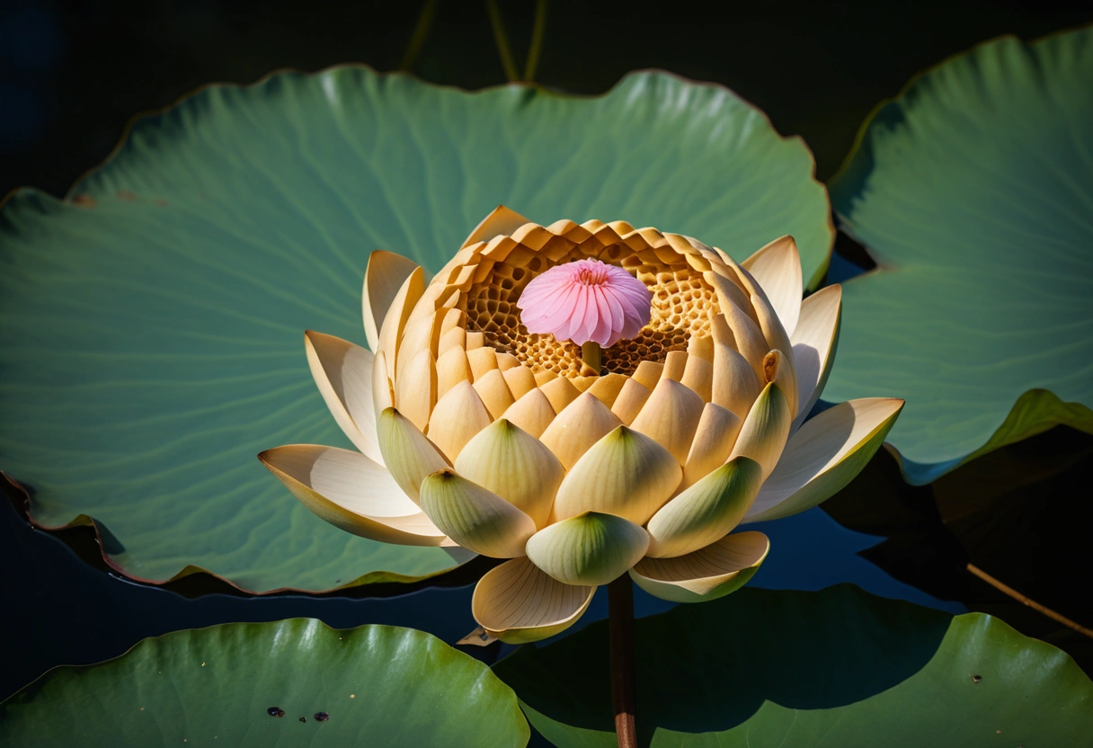 Close-up of a lotus flower pod with honeycomb structure and visible seeds, floating peacefully on water.