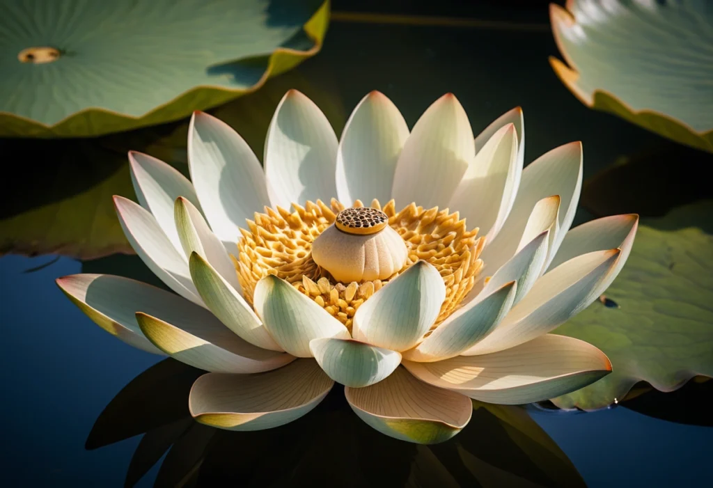 Close-up of a mesmerizing lotus flower pod with seeds, floating on calm water, illuminated by soft natural light.