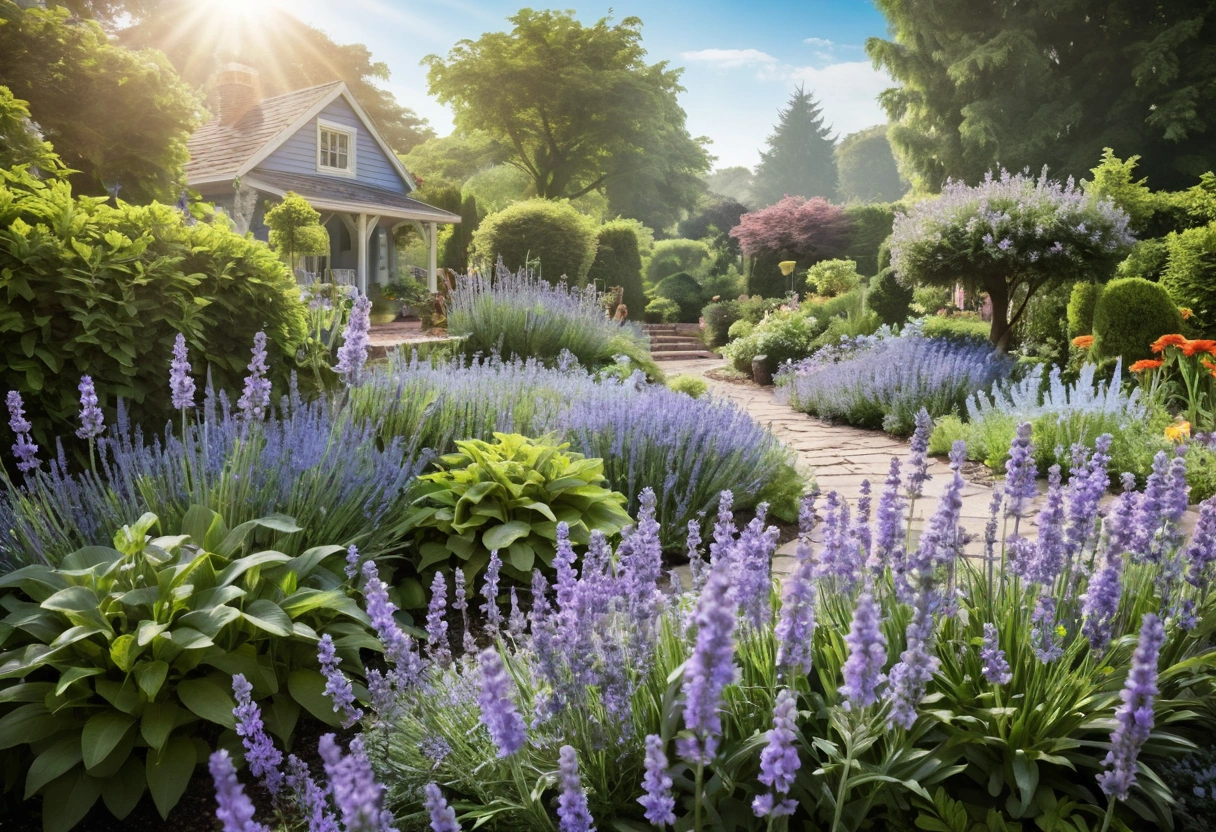 Vibrant garden with Blue Mist Flowers in full bloom, attracting bees and butterflies in a sunny setting