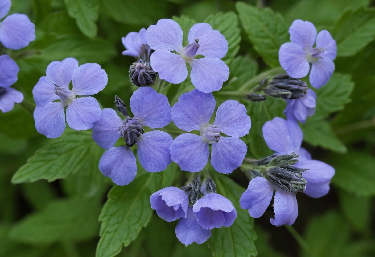 Close-up of Blue Mist Flower (Conoclinium coelestinum) with delicate lavender-blue blooms in a garden.