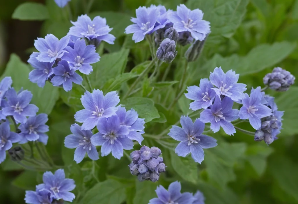 Close-up of Blue Mist Flower (Conoclinium coelestinum) with delicate lavender-blue blooms in a garden.