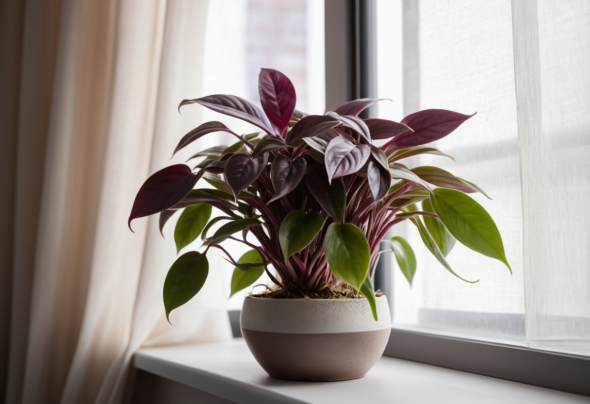 Wandering jew plant on a windowsill with indirect light and a humidifier nearby.