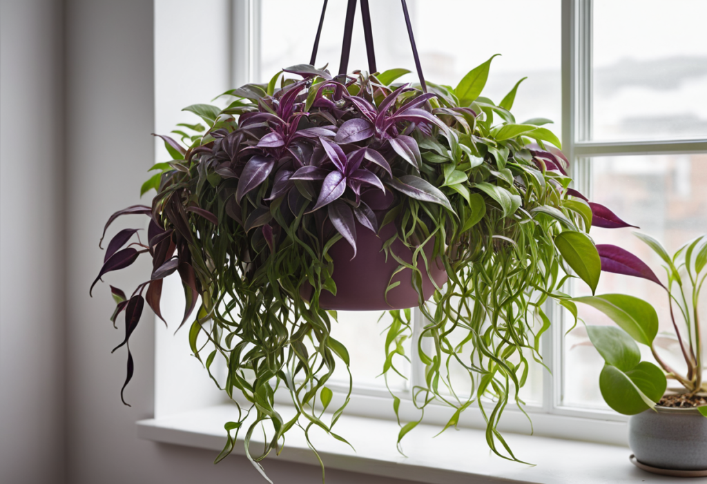 Wandering jew plant in a hanging pot with vibrant leaves, set in a bright indoor space.