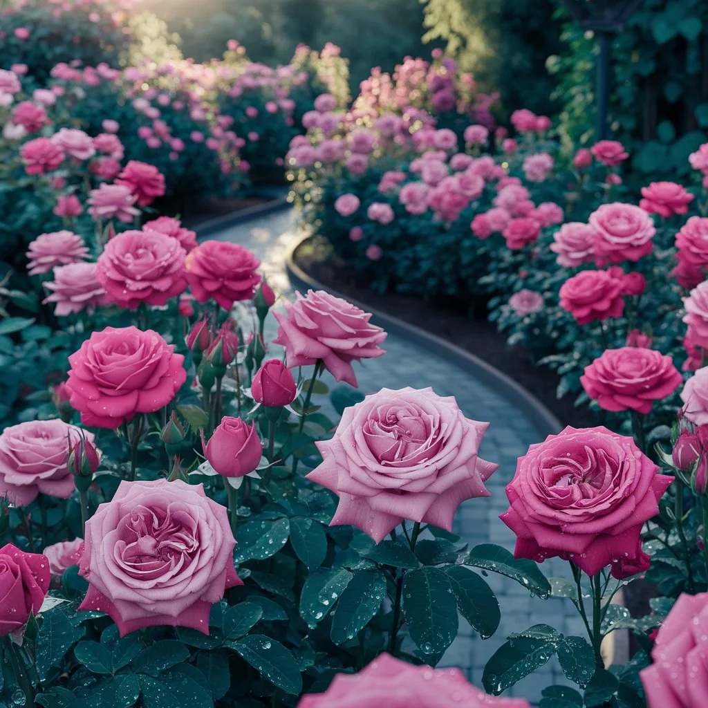 A vibrant garden path lined with pink roses in full bloom, glowing under soft sunlight with dewdrops on petals