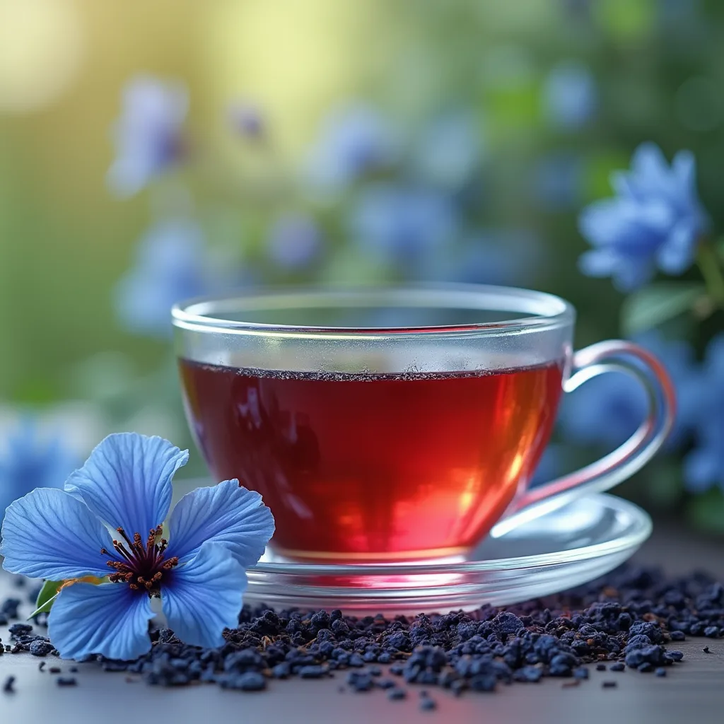 A soothing cup of blue hibiscus tea surrounded by fresh flowers and calming elements.