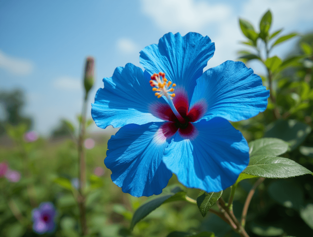 Full bloom of a stunning blue hibiscus flower in a garden, surrounded by green foliage and bright sunlight