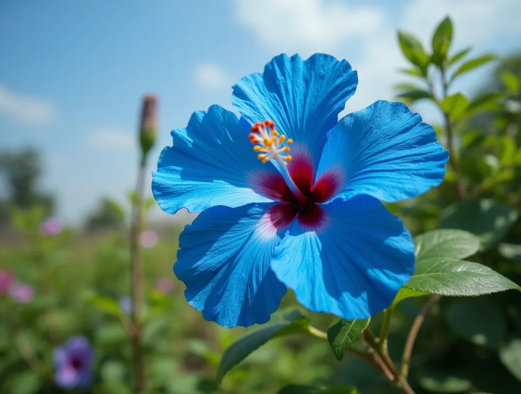 Full bloom of a stunning blue hibiscus flower in a garden, surrounded by green foliage and bright sunlight