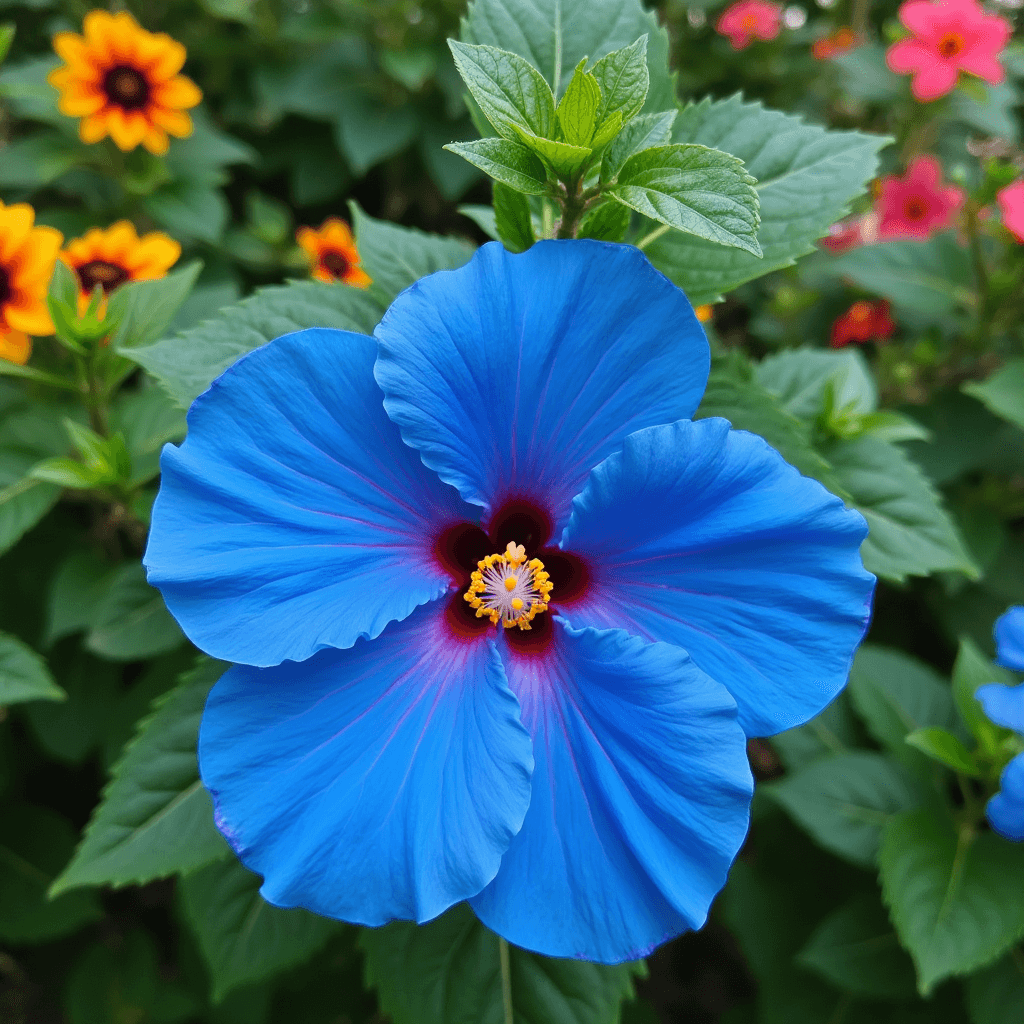 Vibrant blue hibiscus flower in full bloom in a lush garden with colorful flowers.