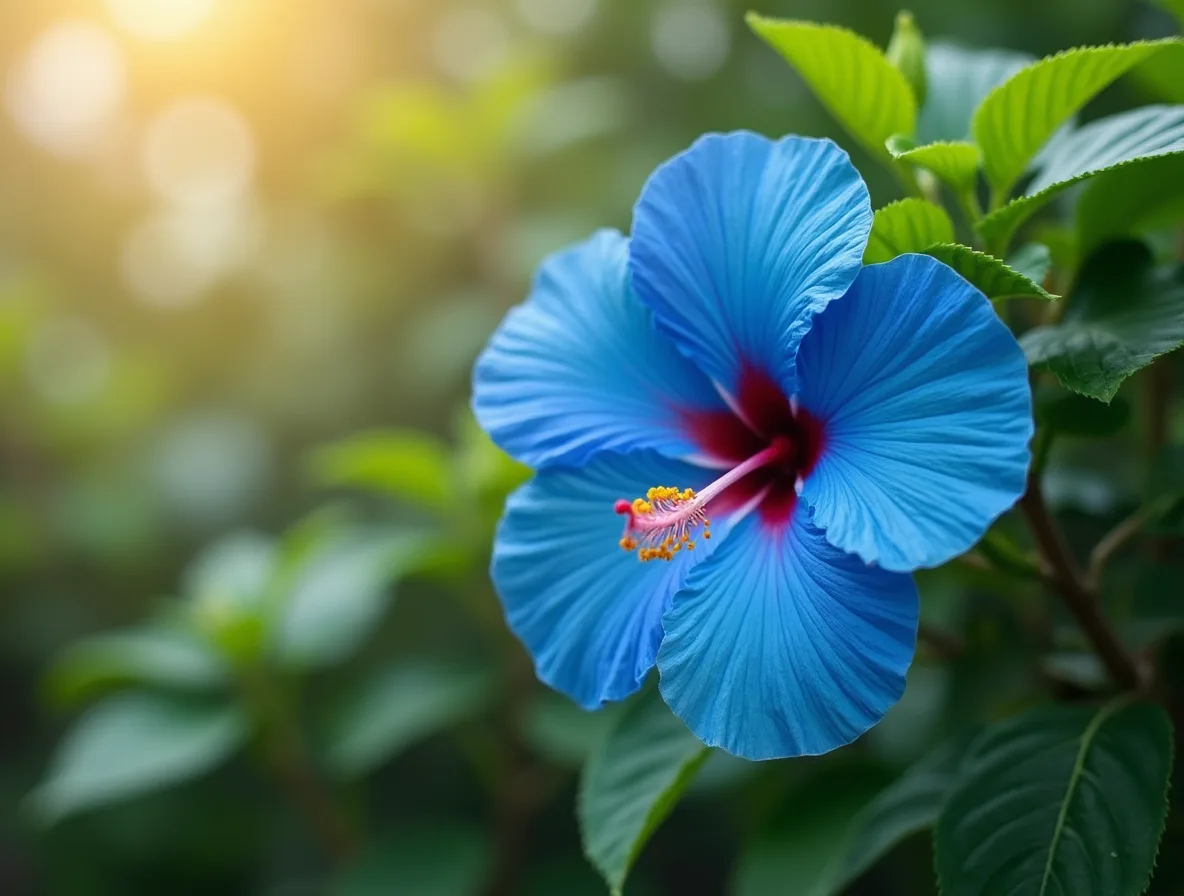 Bright blue hibiscus flower blooming in a lush garden, showcasing its beauty and vibrant color.