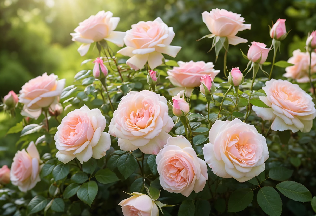 A peaceful garden filled with pink roses in various shades, blending harmoniously with green foliage under soft sunlight.