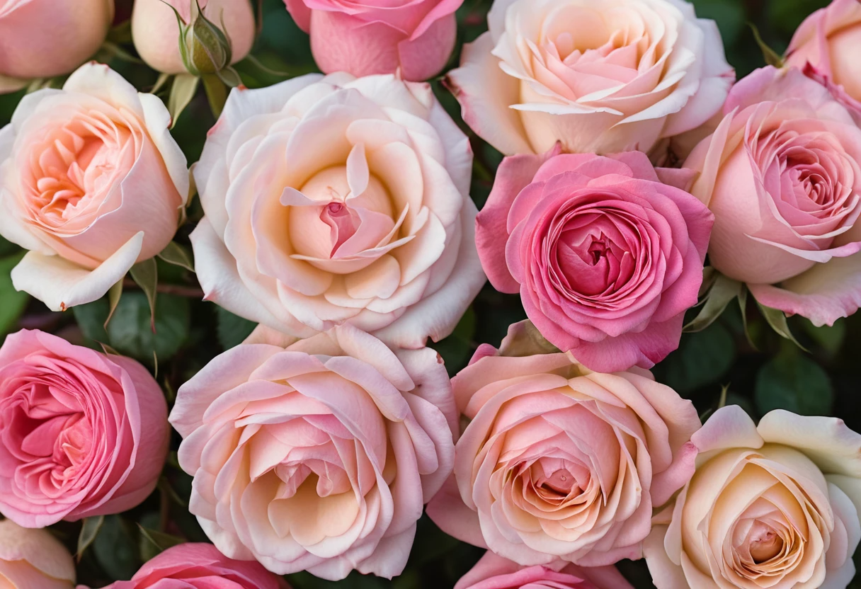 Close-up of 10 distinct pink rose varieties arranged beautifully, showing shades from pastel pink to deep magenta.