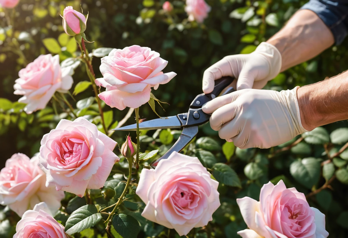 Hands pruning pink roses in a sunny garden, surrounded by healthy plants and gardening tools.